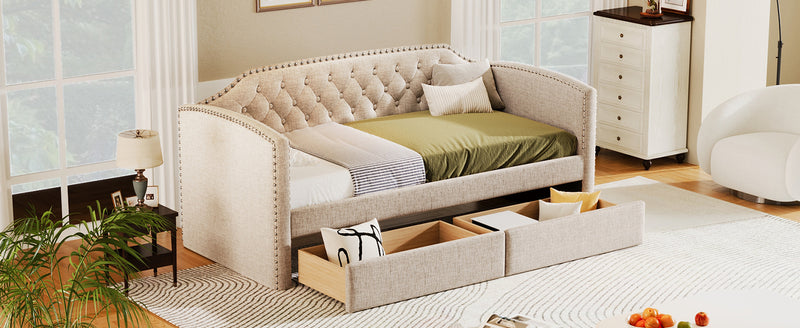 Twin Size Upholstered Daybed with Drawers for Guest Room, Small Bedroom, Study Room, Beige