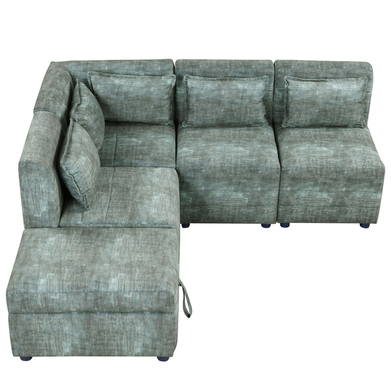 Free-Combined Sectional Sofa 5 Seater Modular Couches With Storage Ottoman, 5 Pillows For Living Room