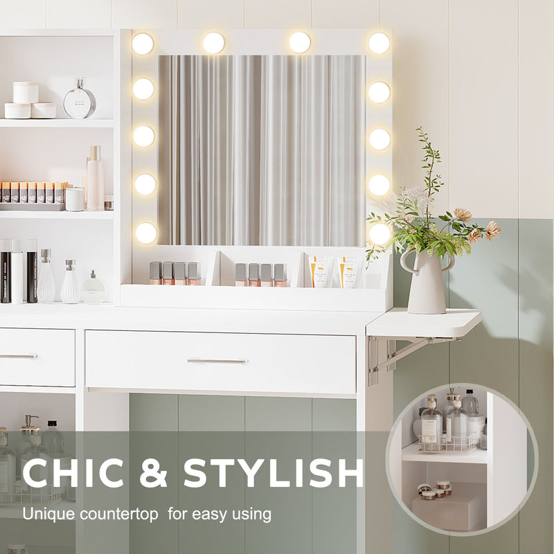 Vanity Desk With Drawers & Mirror With Lights, With Drawers & Cabinet 3 Shelves Lots Storage For Stylish Bedroom