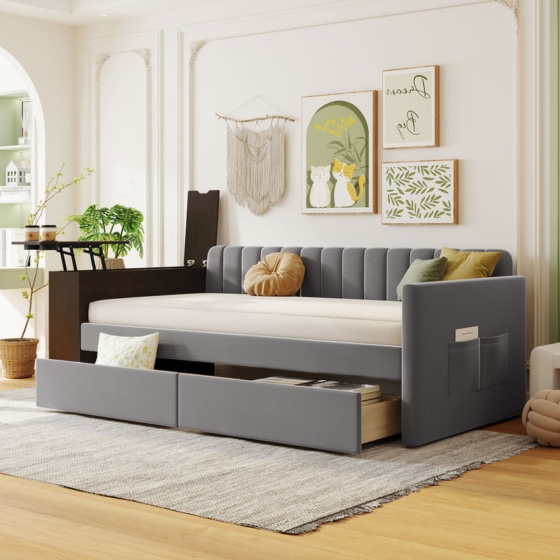 Twin Size Upholstered Daybed with Storage Armrest and 2 Drawers, Multi-functional Daybed with Cup Holder and a set of USB Ports and Sockets, Gray