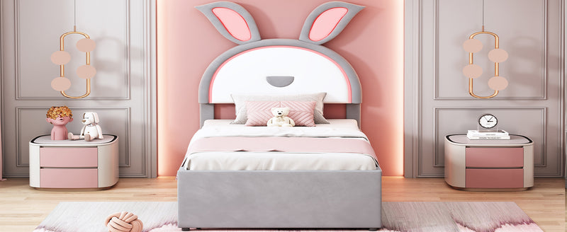 Twin Size Upholstered Platform Bed with Trundle and 3 Drawers, Rabbit-Shaped Headboard with Embedded LED Lights, Gray