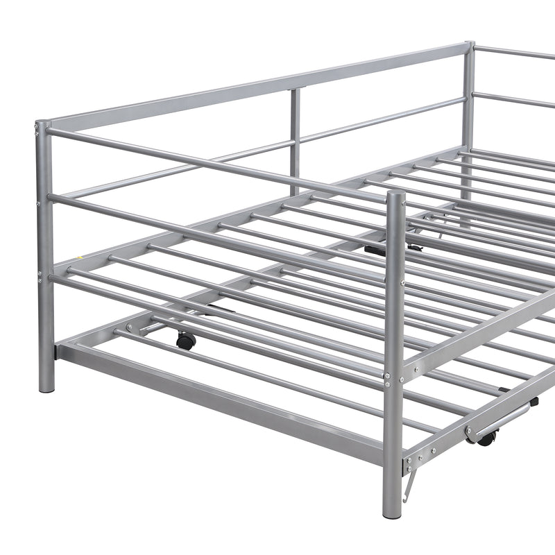 Twin Size Metal Daybed with Adjustable Trundle, Pop Up Trundle, Silver