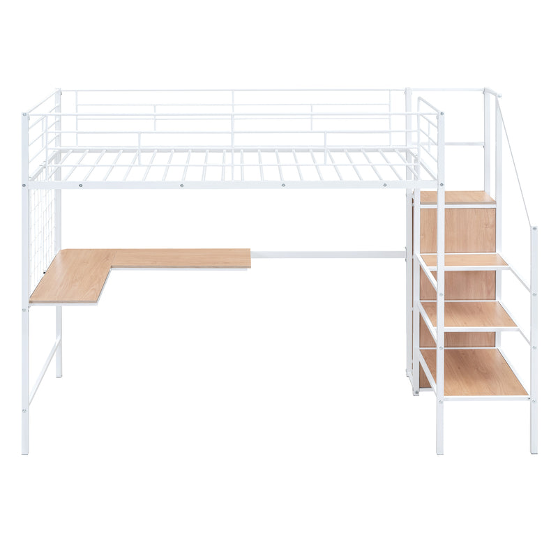 Twin Size Metal Loft Bed with Desk and Metal Grid, Stylish Metal Frame Bed with Lateral Storage Ladder and Wardrobe, White