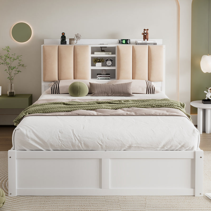 Wood Full Size Platform Bed with Storage Headboard and 4 Drawers, White