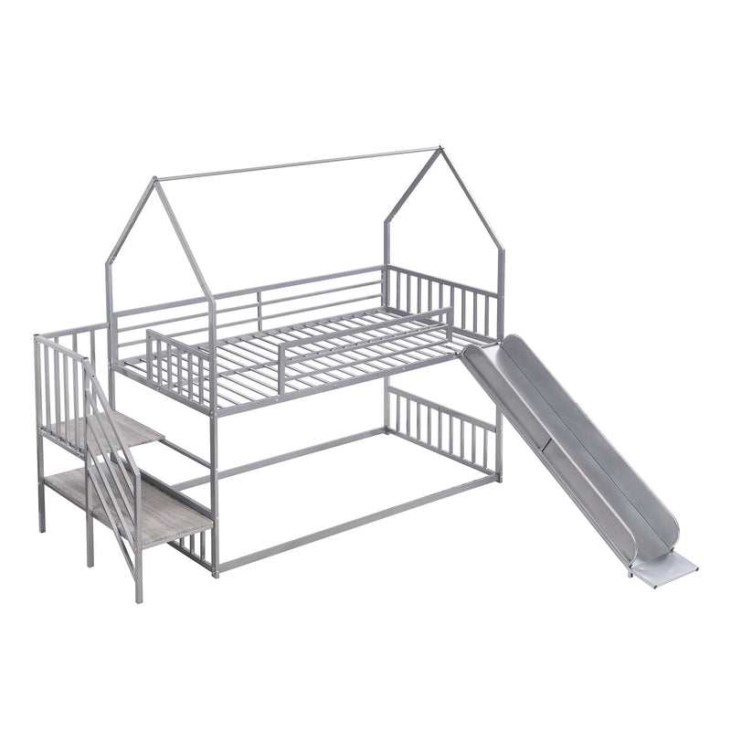 Twin Over Twin Metal Bunk Bed House Bed With Slide And Staircase