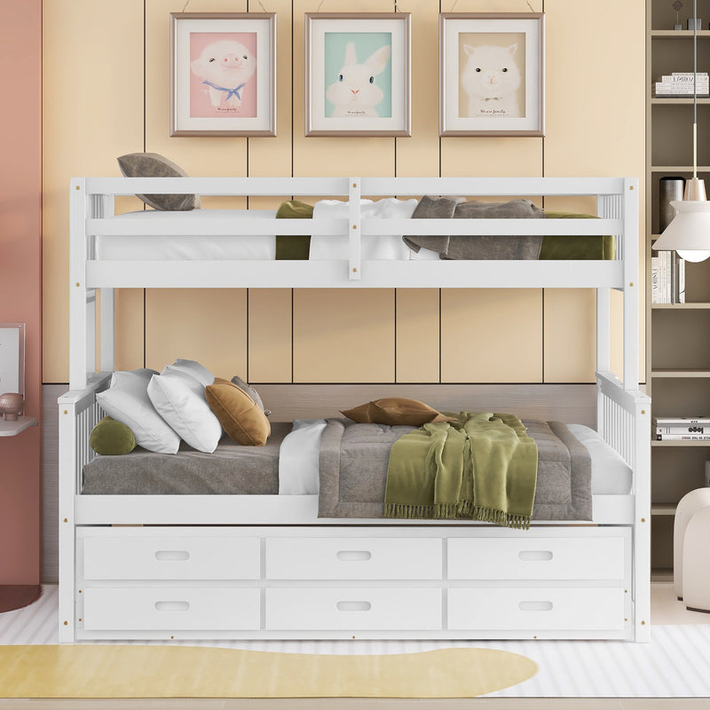 Twin-Over-Full Bunk Bed with Twin size Trundle , Separable Bunk Bed with Drawers for Bedroom - White