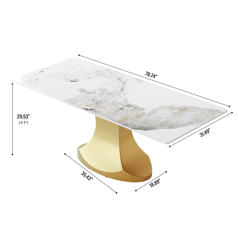 78.74" Modern Artificial Stone Pandora Panel Golden Stainless Steel Curved Legs, Can Accommodate 8 People - White / Gold