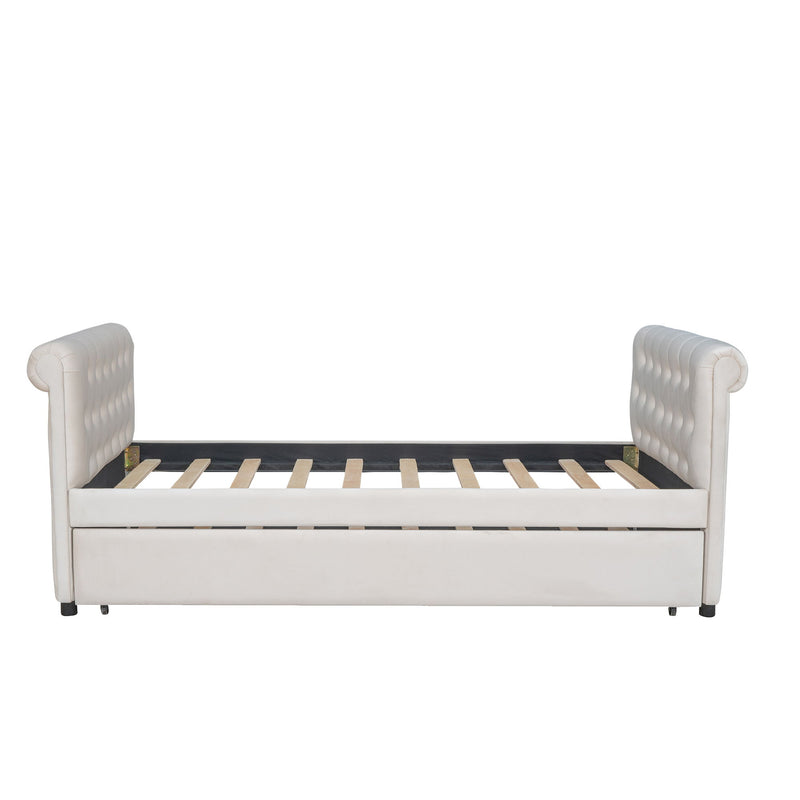 Twin Size Upholstered Daybed With Trundle, Wood Slat Support - Beige