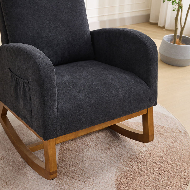 Rocking Chair For Nursery, Polyester Glider Chair With High Back And Side Pocket, Rocking Accent Armchair With Rubber Wood Legs For Living Room / Bedroom