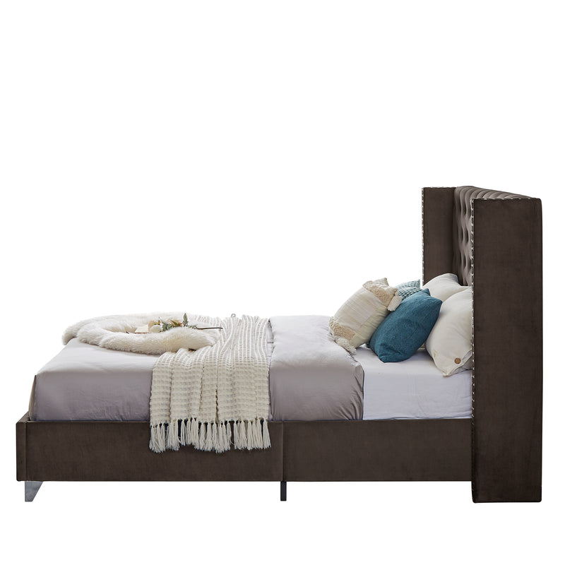 B100S Queen bed, Button designed Headboard,strong wooden slats + metal legs with Electroplate