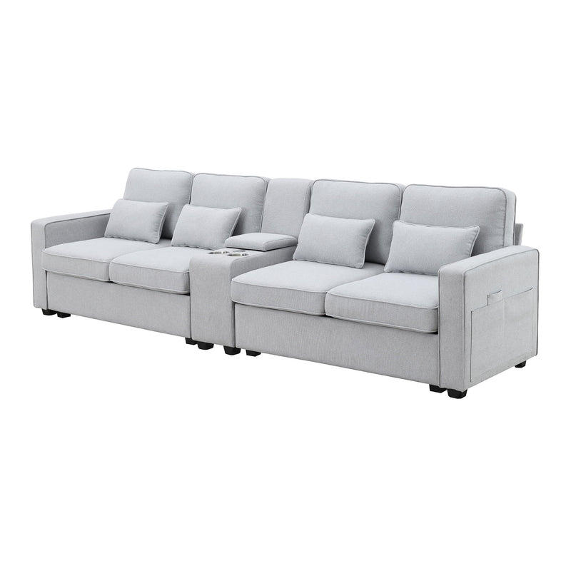 Upholstered Sofa With Console, 2 Cupholders And 2 USB Ports Wired Or Wirelessly Charged, Modern Linen Fabric Couches With 4 Pillows For Living Room, Apartment (4-Seat)