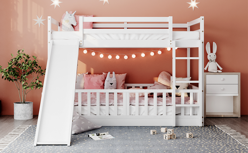 Twin Over Twin Bunk Bed with Slide and Ladder, White(Old SKU:LP000009AAK)