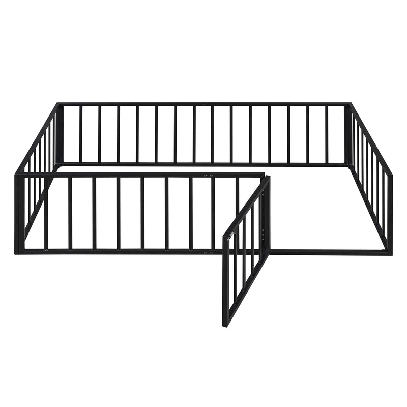 Twin Size Metal Floor Bed Frame with Fence and Door, Black