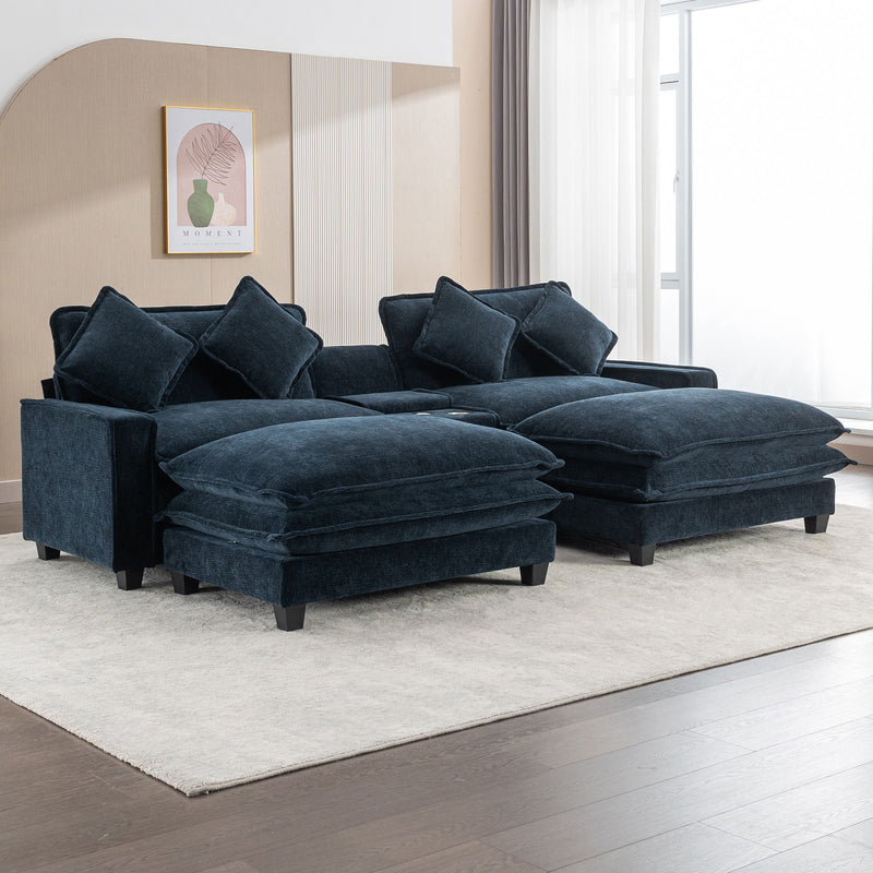 Sectional Sofa Chenille Upholstered Sofa With Two Removable Ottoman, Two USB Ports, Two Cup Holders And Large Storage Box For Living Room