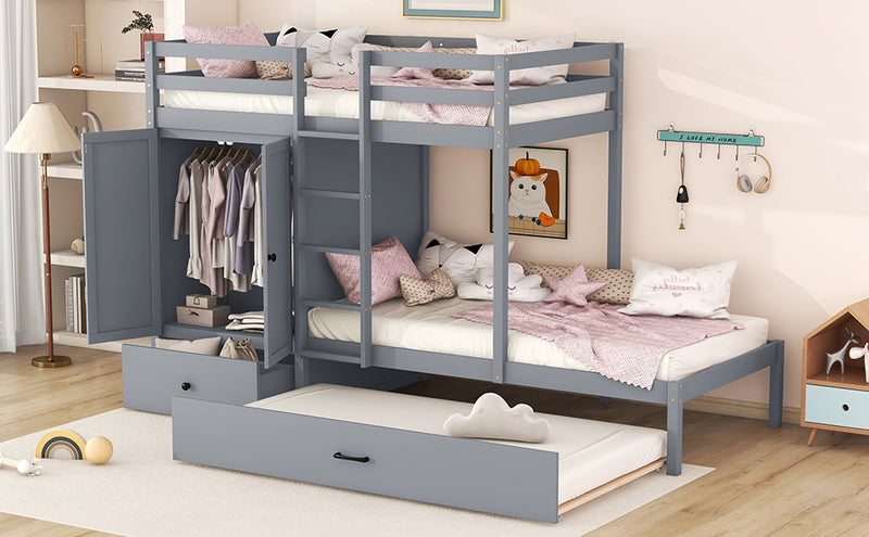 Twin-over-twin Bunk Bed with Wardrobe, Drawers and Shelves, Gray