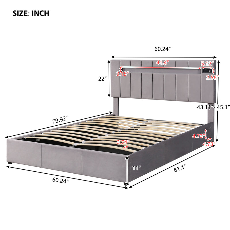 Upholstered Bed Queen Size with LED light, Bluetooth Player and USB Charging, Hydraulic Storage Bed in Gray Velvet Fabric