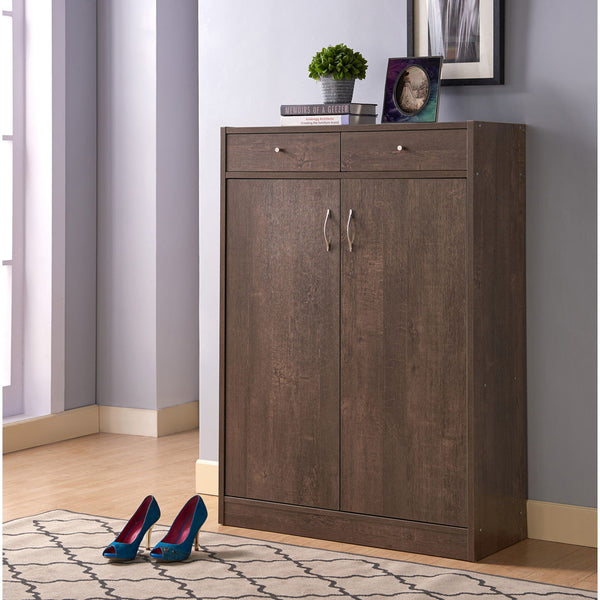 Two Door Shoe Storage Cabinet With Two Top Drawers, Five Shelves Fits 15 Pairs - Walnut Oak
