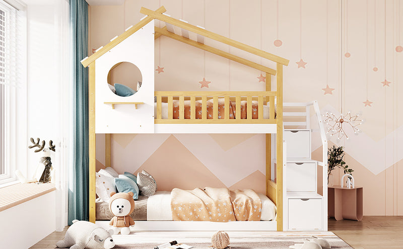 Stairway Twin-Over-Twin Bunk Bed,House Bed,Storage and Guard Rail,Natural Bed +White Stair(OLD SKU :LT000308AAK)