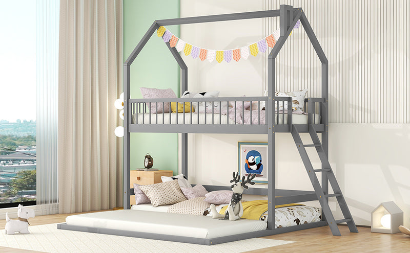 Twin Over Twin-Twin House Bunk Bed with Extending Trundle and Ladder