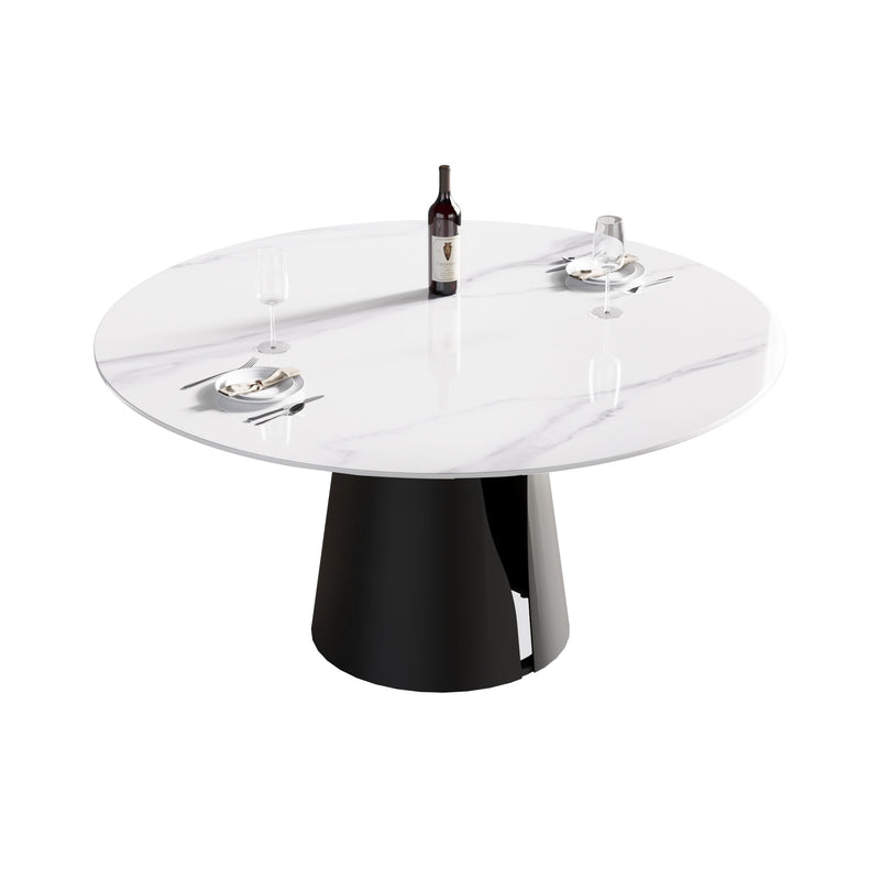 59.05" Modern Artificial Stone Round Carbon Steel Base Dining Table - White / Black