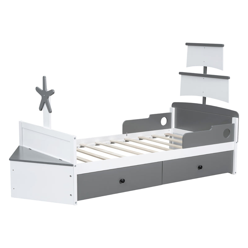 Twin Size Boat-Shaped Platform Bed with 2 Drawers,Twin Bed with Storage for Bedroom,Gray