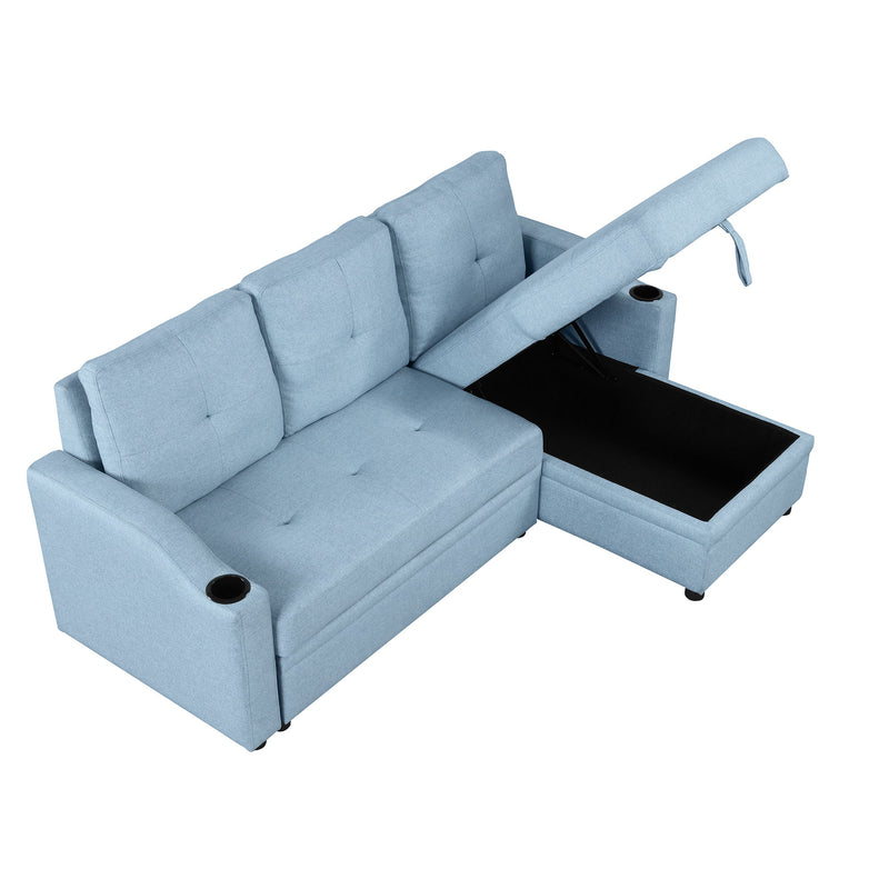 Pull Out Sofa Bed Modern Padded Upholstered Sofa Bed, Linen Fabric 3 Seater Couch With Storage Chaise And Cup Holder, Small Couch For Small Spaces