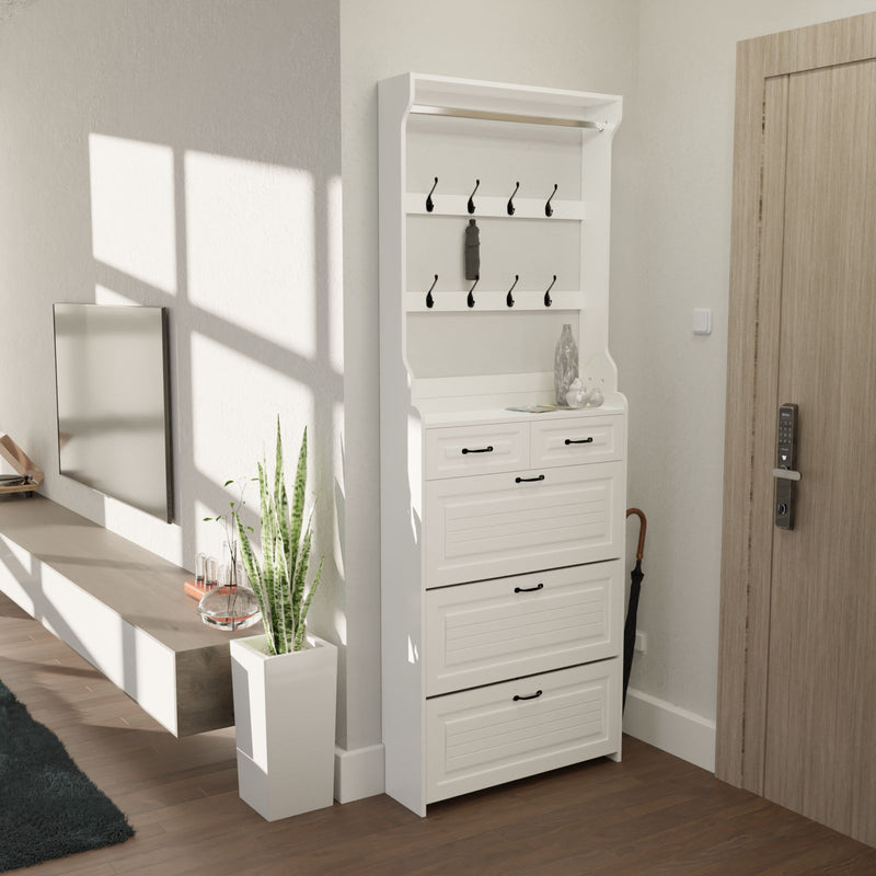 Shoe Cabinet With 3 Doors 2 Drawers With Hanger, PVC Door With Shape, Large Space For Storage - White