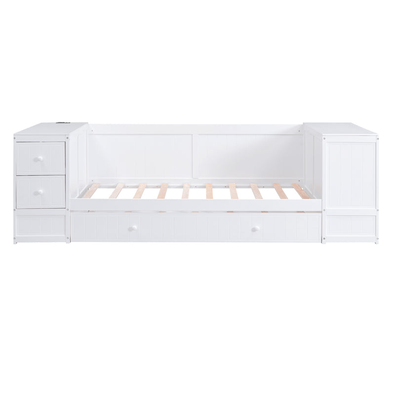 Twin Size Daybed with Storage Arms, Trundle and Charging Station, White