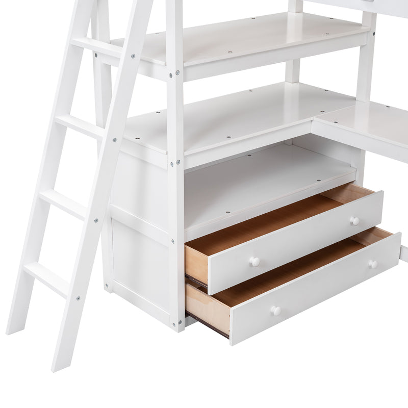 Twin Size Loft Bed with Desk and Shelves, Two Built-in Drawers, White(Old SKU: GX000423AAK)