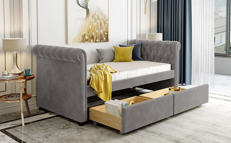 Twin Size Upholstered Daybed With Drawers, Wood Slat Support - Gray