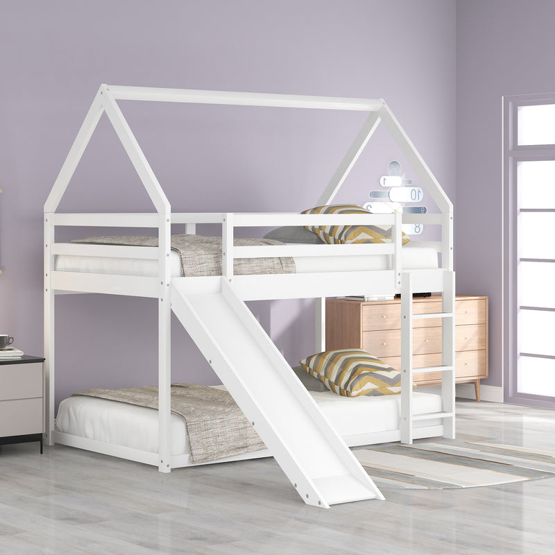 Twin Size Bunk House Bed with Slide and Ladder,White