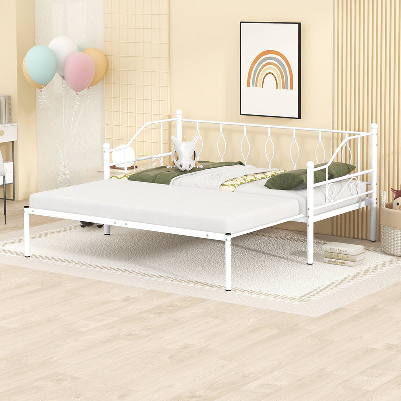 Twin Size Metal Daybed with Trundle, Daybed with Slat No Box required White