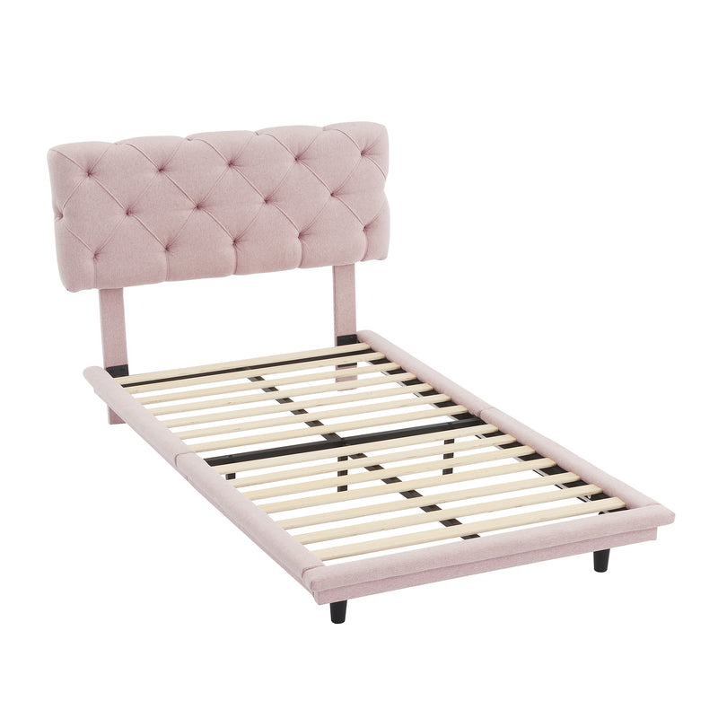 Twin Size Upholstered Bed with Light Stripe, Floating Platform Bed, Linen Fabric,Pink