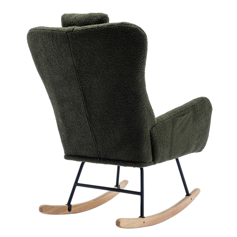 Rocking Chair With Pocket, Soft Teddy Fabric Rocking Chair For Nursery, Comfy Wingback Glider Rocker With Safe Solid Wood Base