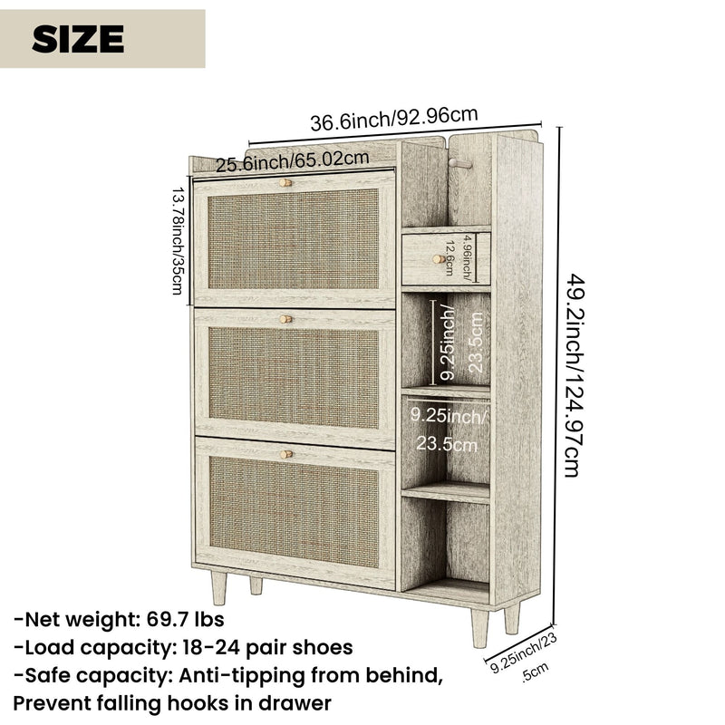 Natural Bohemia Style Shoe Cabinet, Shoe Rack Cabinet With 3 Rattan Flip Drawers, 3 Square Shelves And 1 Storage Drawer, Shoe Organizer With Mulit Storage Space And Hooks For Hallway, Entryway