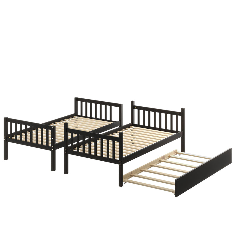 Twin Over Twin Bunk Beds with Trundle, Solid Wood Trundle Bed Frame with Safety Rail and Ladder, Kids/Teens Bedroom, Guest Room Furniture, Can Be converted into 2 Beds,Espresso