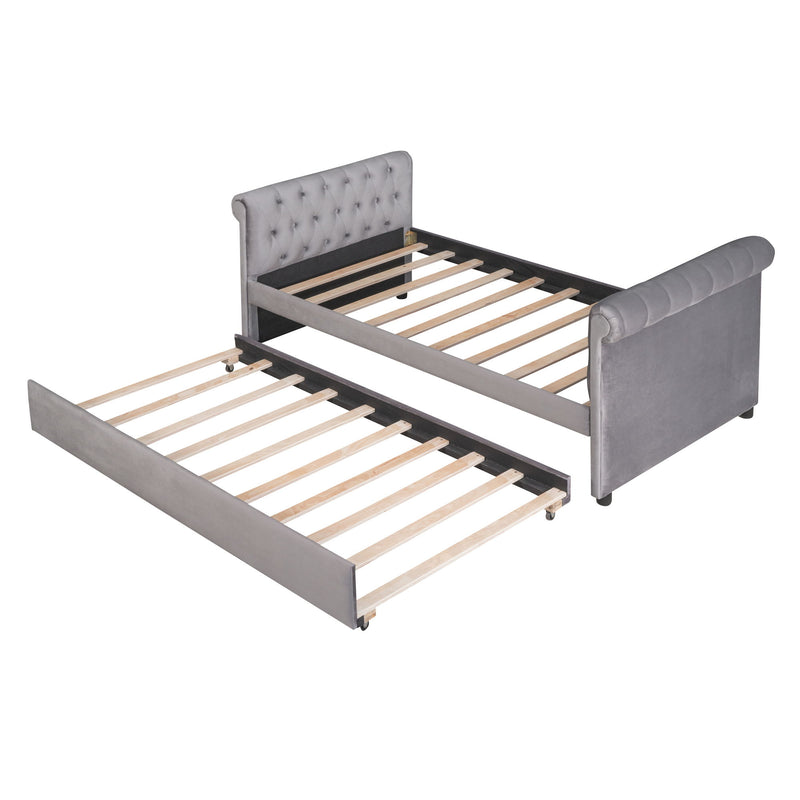 Twin Size Upholstered Daybed With Trundle, Wood Slat Support - Gray