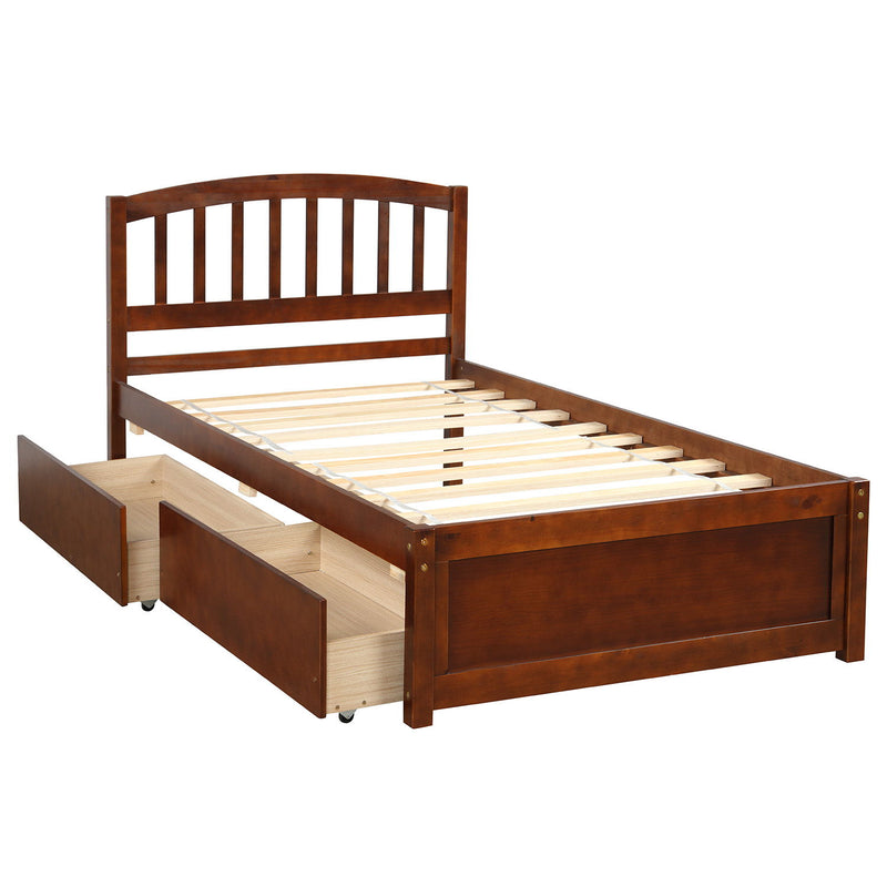 Twin Platform Storage Bed Wood Bed Frame With Two Drawers And Headboard Walnut