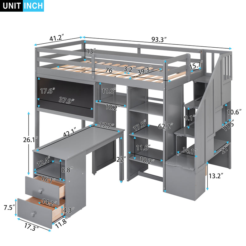 Twin Size Loft Bed with Pullable Desk and Storage Shelves,Staircase and Blackboard,Gray