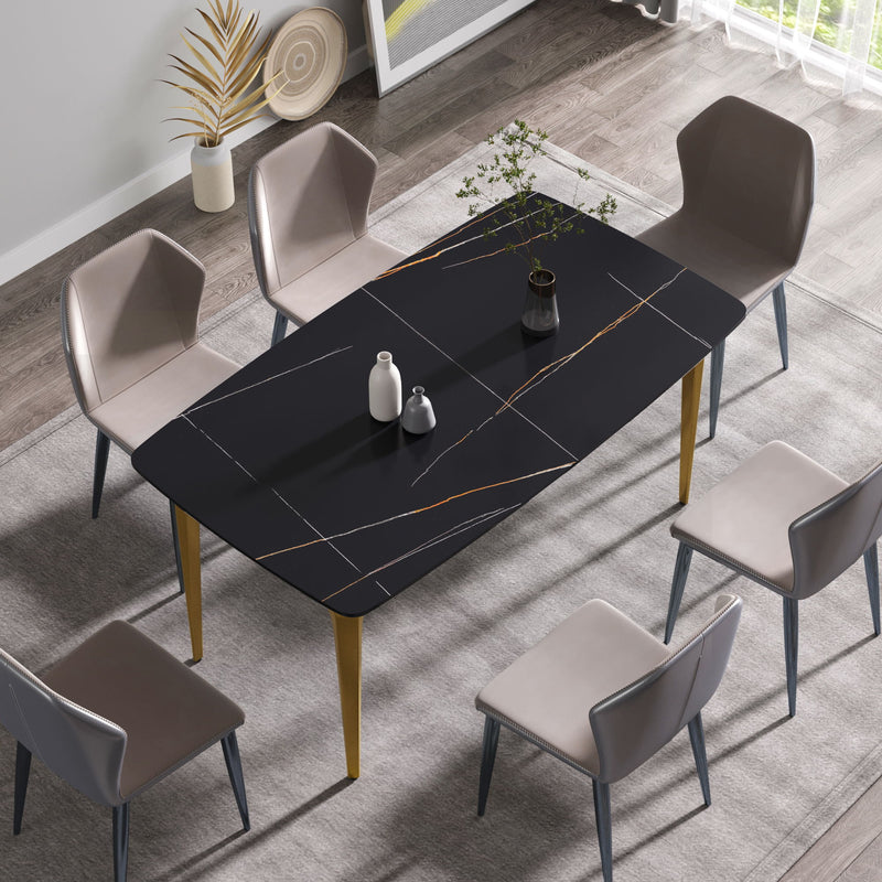 63" Modern Artificial Stone Black Curved Golden Metal Leg Dining Table, 6 People - Black / Gold