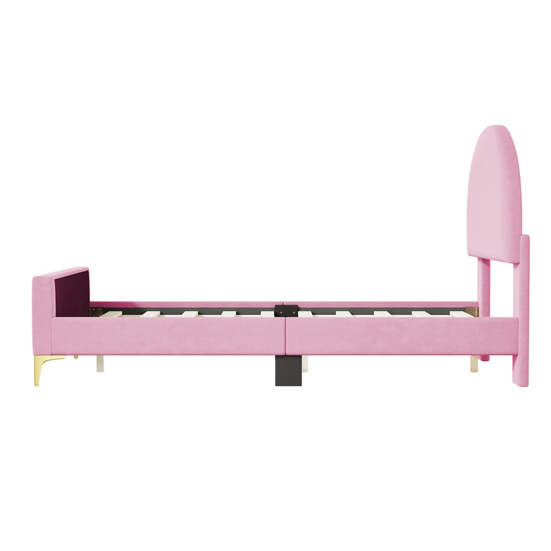 Twin Size Upholstered Platform Bed with Classic Semi-circle Shaped headboard and Mental Legs, Velvet, Pink