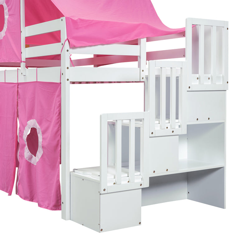 Twin Size Loft Bed with Tent and Tower - Pink