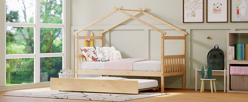 Twin Size Wooden House Bed With Twin Size Trundle - Natural