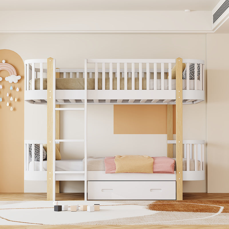 Wood Twin over Twin Bunk Bed with Fence Guardrail and a Big Drawer, White