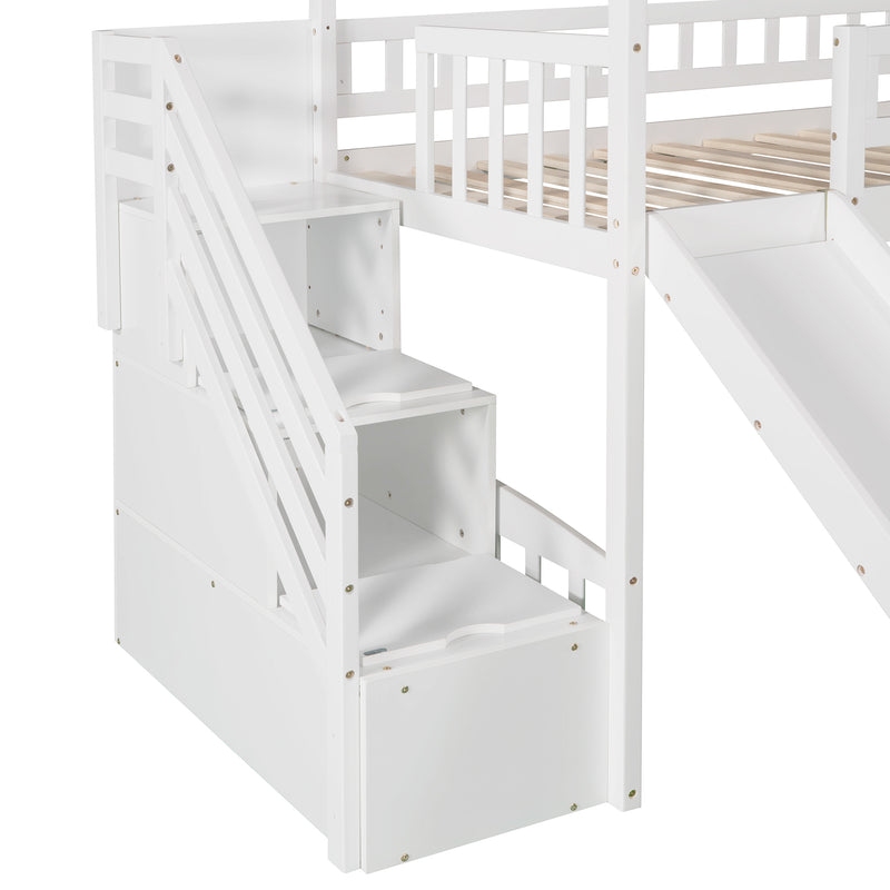 Twin Loft Bed with Two Drawers and Slide, House Bed with Slide, White (Old SKU: LP000130AAK)