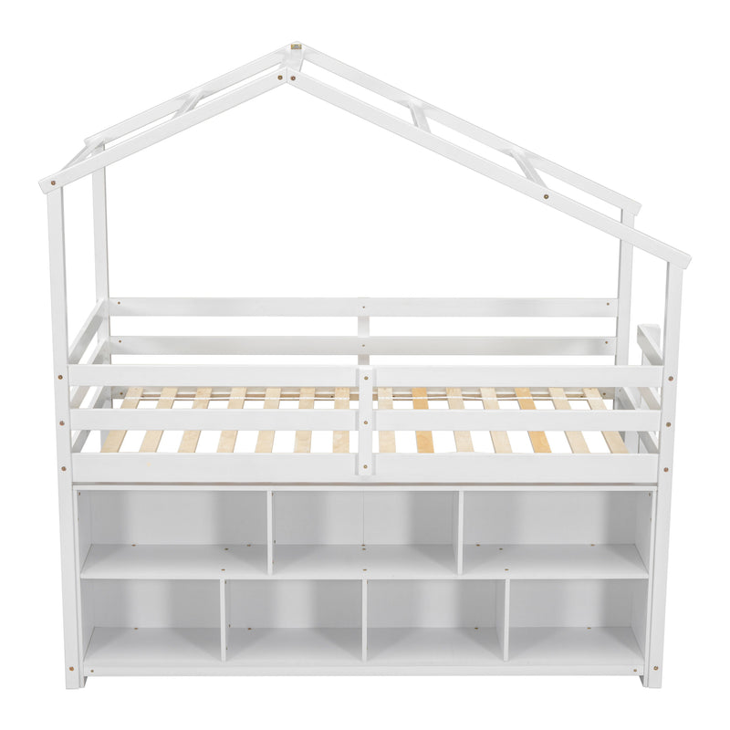 Twin House Loft Bed With Roof Frame, Under Bed Shelving Storage Unit, Guardrails, Ladder - White