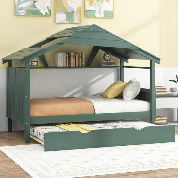 Wood Twin Size House Bed with Trundle and Storage, Green