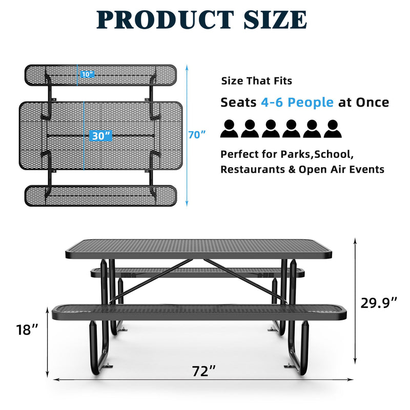 Expanded Rectangular Picnic Table - Black - Metal