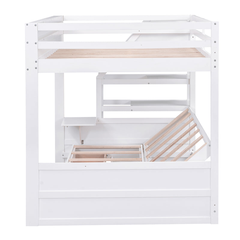 Wood Full Size Convertible Bunk Bed with Storage Staircase, Bedside Table, and 3 Drawers, White