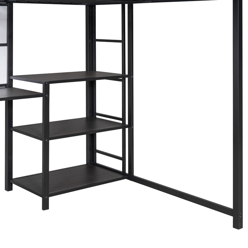 Full Size Loft Bed With Desk And Whiteboard, Metal Loft Bed With 3 Shelves And Ladder - Black